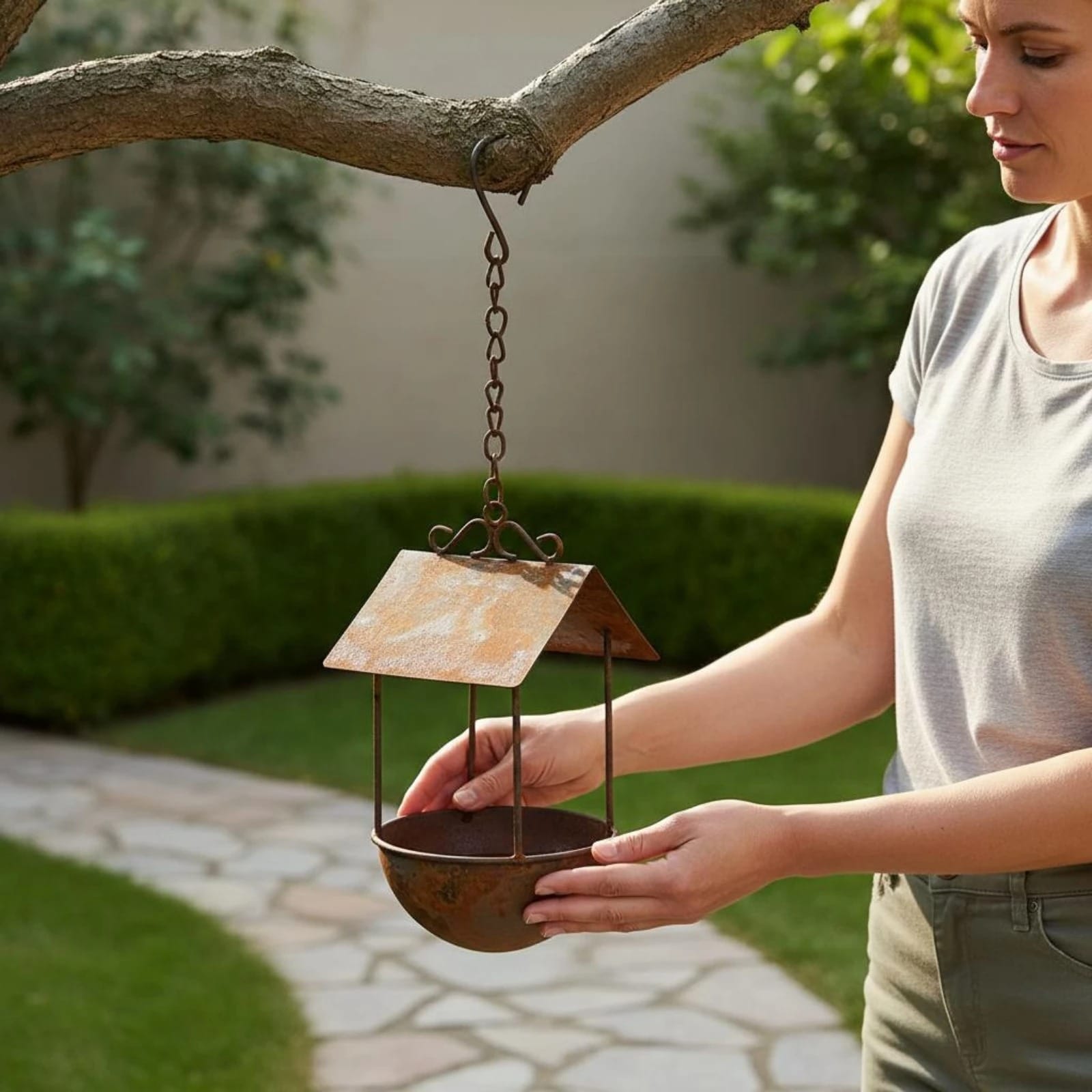 Femme tenant dans un jardin un abreuvoir à oiseaux suspendu en fer rouillé avec toit protecteur, accroché à une branche