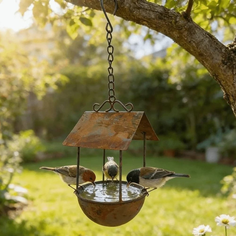 Plusieurs oiseaux buvant à un abreuvoir suspendu en fer rouillé avec toit, accroché à une branche dans un jardin ensoleillé