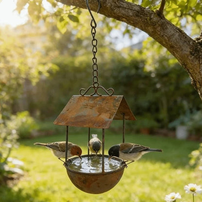 Plusieurs oiseaux buvant à un abreuvoir suspendu en fer rouillé avec toit, accroché à une branche dans un jardin ensoleillé