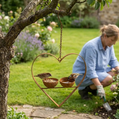 Mangeoire à oiseaux en forme de cœur suspendue à un arbre, deux moineaux à la coupelle, une femme jardinant à l'arrière-plan