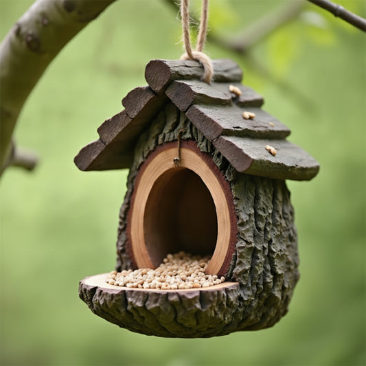 Mangeoire à Oiseaux Design Souche d'Arbre - Décoration de Jardin Artisanale en Résine