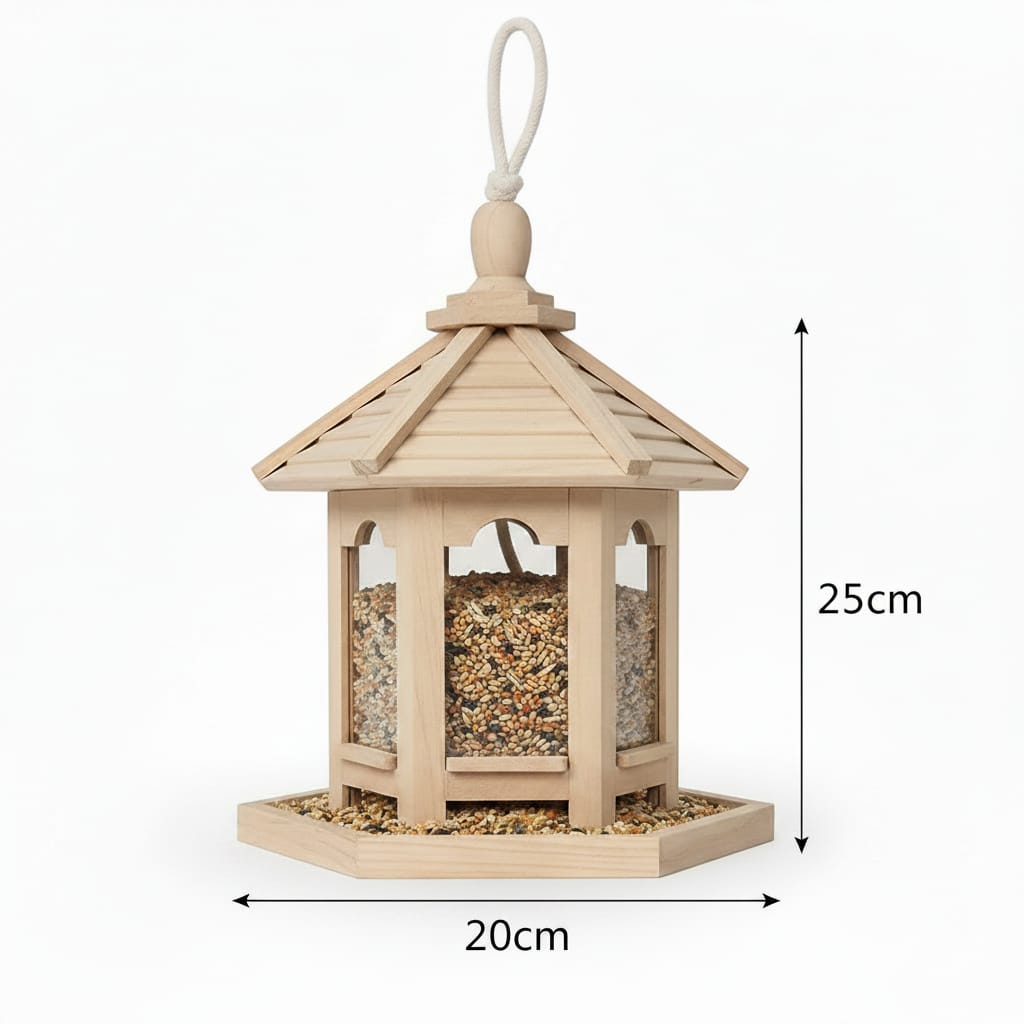 Mangeoire gazebo en bois avec cordon de suspension et plateau garni de graines, cotée 25 cm de hauteur et 20 cm de largeur, sur fond blanc