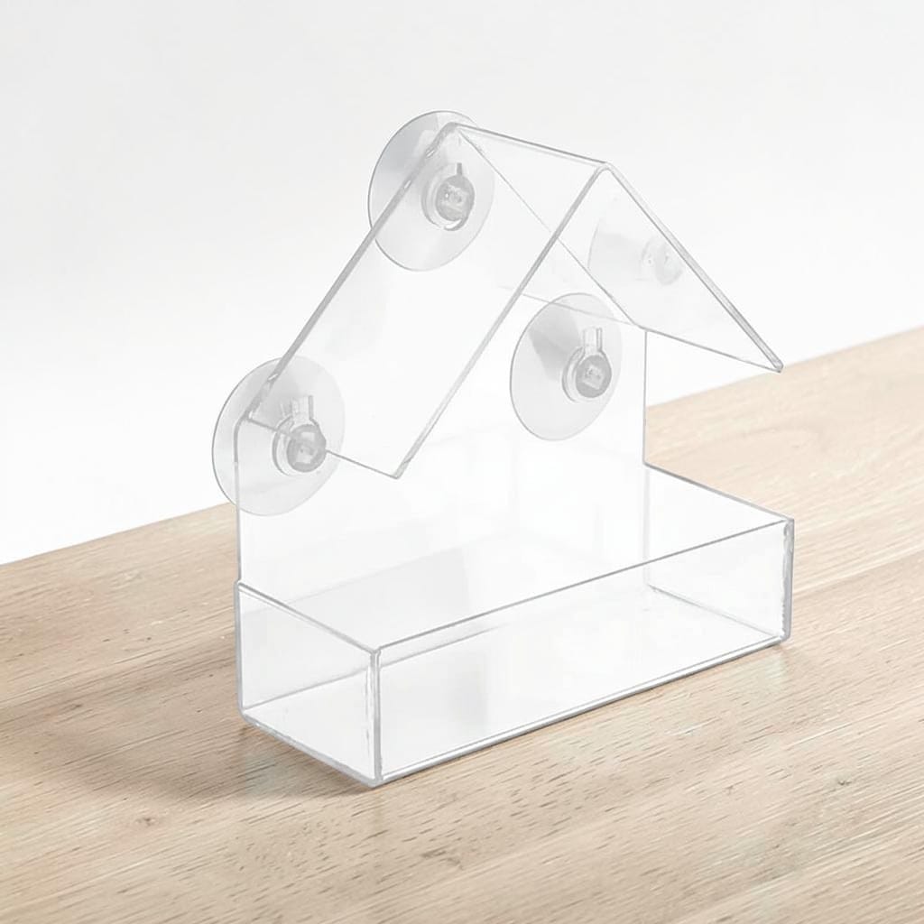 Mangeoire de fenêtre en acrylique transparent en forme de maison avec quatre ventouses et plateau à graines, posée sur un plan en bois